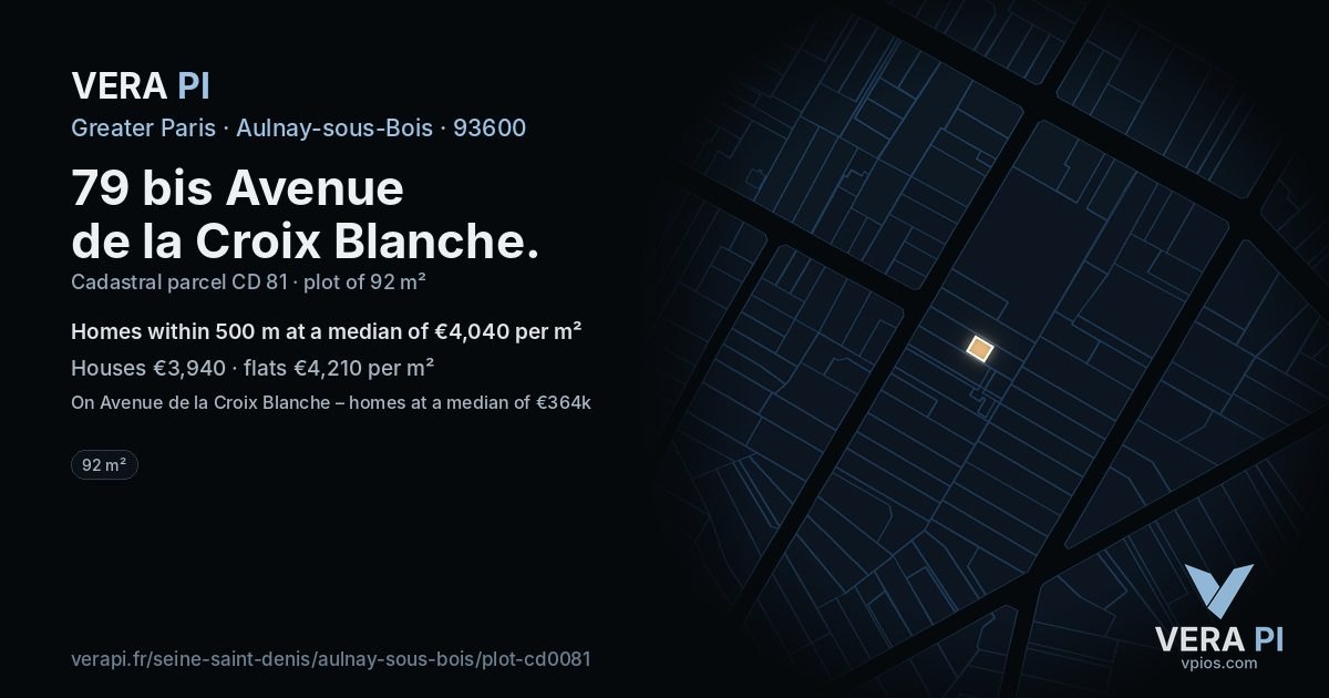 79 bis Avenue de la Croix Blanche, Aulnay-sous-Bois at night – the plot lit, the parcels around coloured by the prices near them
