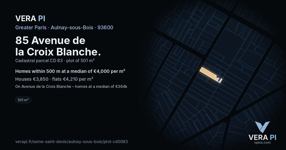 85 Avenue de la Croix Blanche, Aulnay-sous-Bois at night – the plot lit, the parcels around coloured by the prices near them