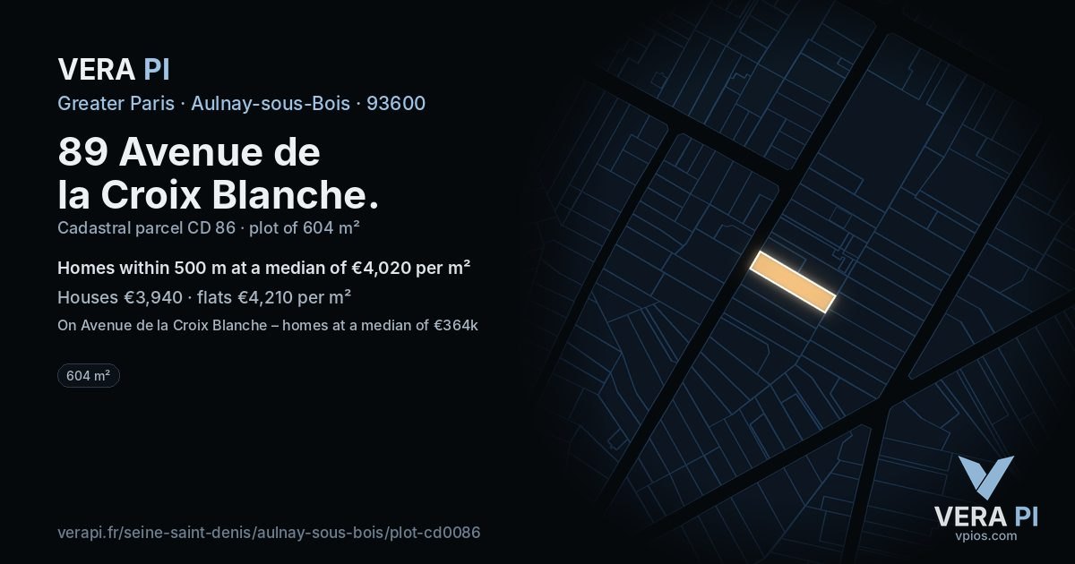 89 Avenue de la Croix Blanche, Aulnay-sous-Bois at night – the plot lit, the parcels around coloured by the prices near them