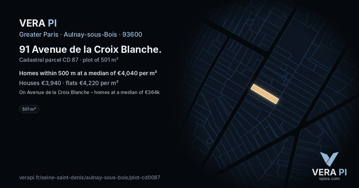 91 Avenue de la Croix Blanche, Aulnay-sous-Bois at night – the plot lit, the parcels around coloured by the prices near them