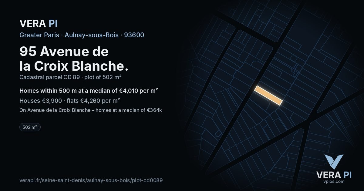 95 Avenue de la Croix Blanche, Aulnay-sous-Bois at night – the plot lit, the parcels around coloured by the prices near them