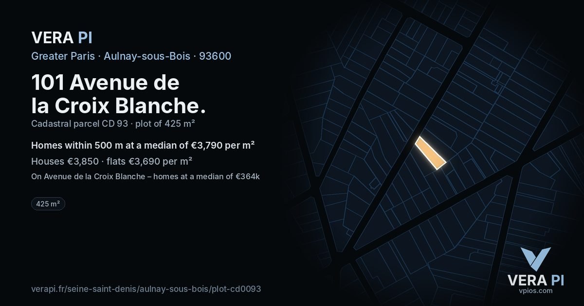 101 Avenue de la Croix Blanche, Aulnay-sous-Bois at night – the plot lit, the parcels around coloured by the prices near them