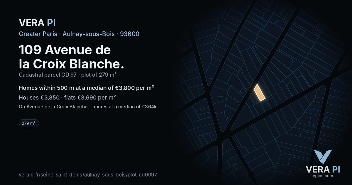109 Avenue de la Croix Blanche, Aulnay-sous-Bois at night – the plot lit, the parcels around coloured by the prices near them