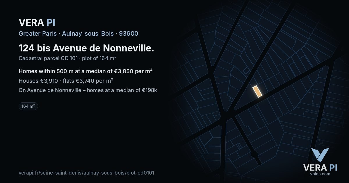 124 bis Avenue de Nonneville, Aulnay-sous-Bois at night – the plot lit, the parcels around coloured by the prices near them