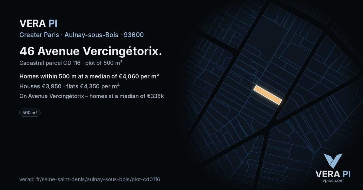 46 Avenue Vercingétorix, Aulnay-sous-Bois at night – the plot lit, the parcels around coloured by the prices near them