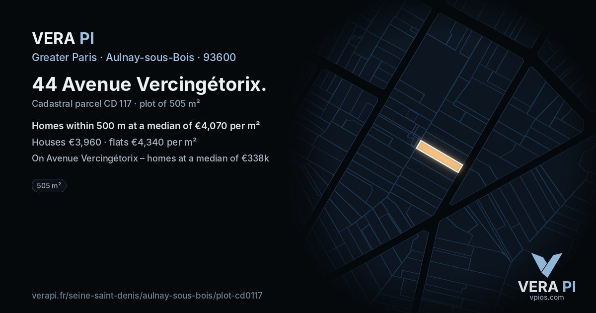 44 Avenue Vercingétorix, Aulnay-sous-Bois at night – the plot lit, the parcels around coloured by the prices near them