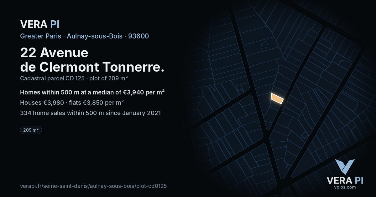 22 Avenue de Clermont Tonnerre, Aulnay-sous-Bois at night – the plot lit, the parcels around coloured by the prices near them