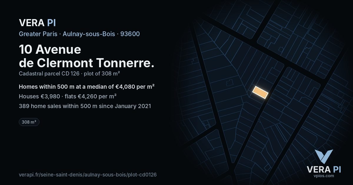 10 Avenue de Clermont Tonnerre, Aulnay-sous-Bois at night – the plot lit, the parcels around coloured by the prices near them