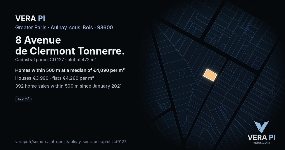 8 Avenue de Clermont Tonnerre, Aulnay-sous-Bois at night – the plot lit, the parcels around coloured by the prices near them
