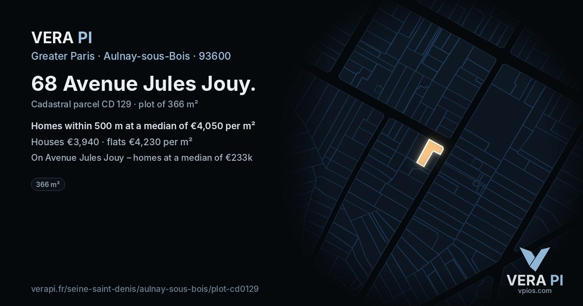 68 Avenue Jules Jouy, Aulnay-sous-Bois at night – the plot lit, the parcels around coloured by the prices near them