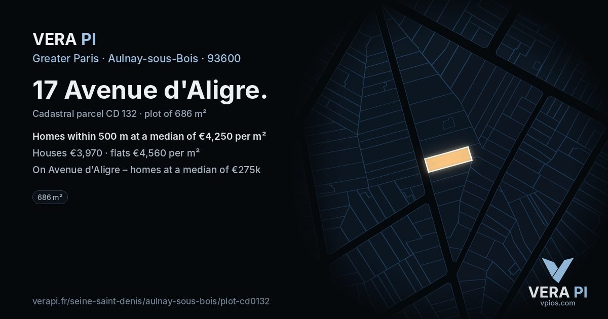 17 Avenue d'Aligre, Aulnay-sous-Bois at night – the plot lit, the parcels around coloured by the prices near them