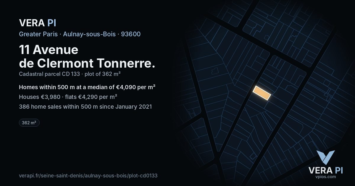 11 Avenue de Clermont Tonnerre, Aulnay-sous-Bois at night – the plot lit, the parcels around coloured by the prices near them