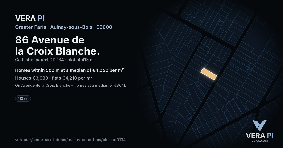 86 Avenue de la Croix Blanche, Aulnay-sous-Bois at night – the plot lit, the parcels around coloured by the prices near them