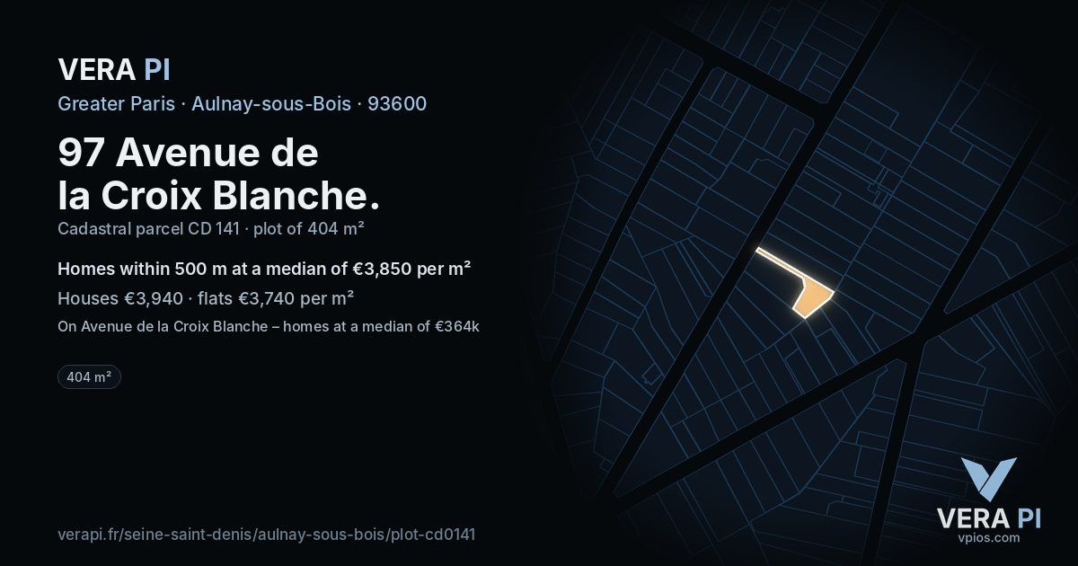 97 Avenue de la Croix Blanche, Aulnay-sous-Bois at night – the plot lit, the parcels around coloured by the prices near them