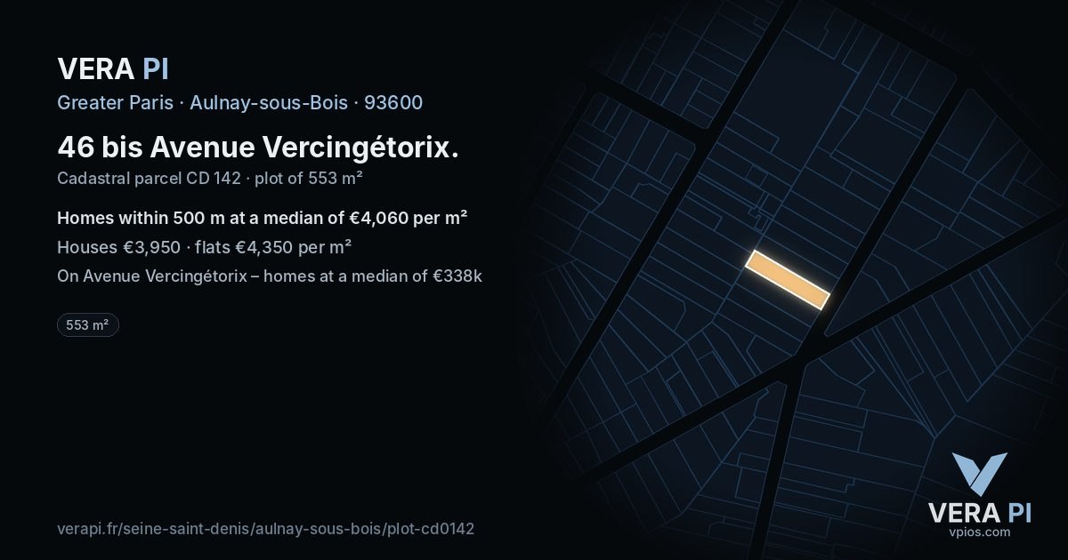 46 bis Avenue Vercingétorix, Aulnay-sous-Bois at night – the plot lit, the parcels around coloured by the prices near them
