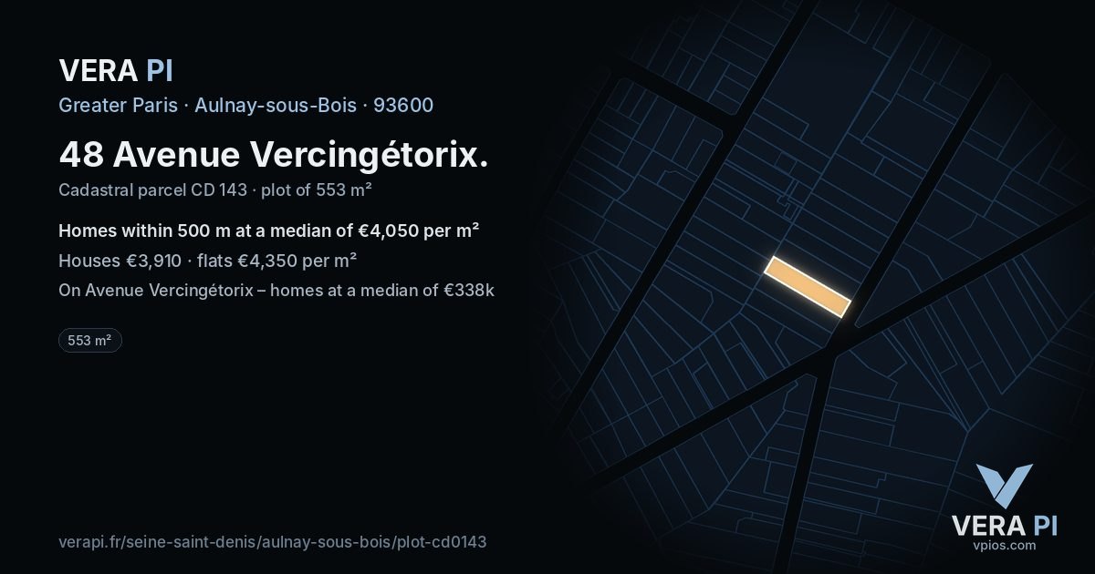 48 Avenue Vercingétorix, Aulnay-sous-Bois at night – the plot lit, the parcels around coloured by the prices near them