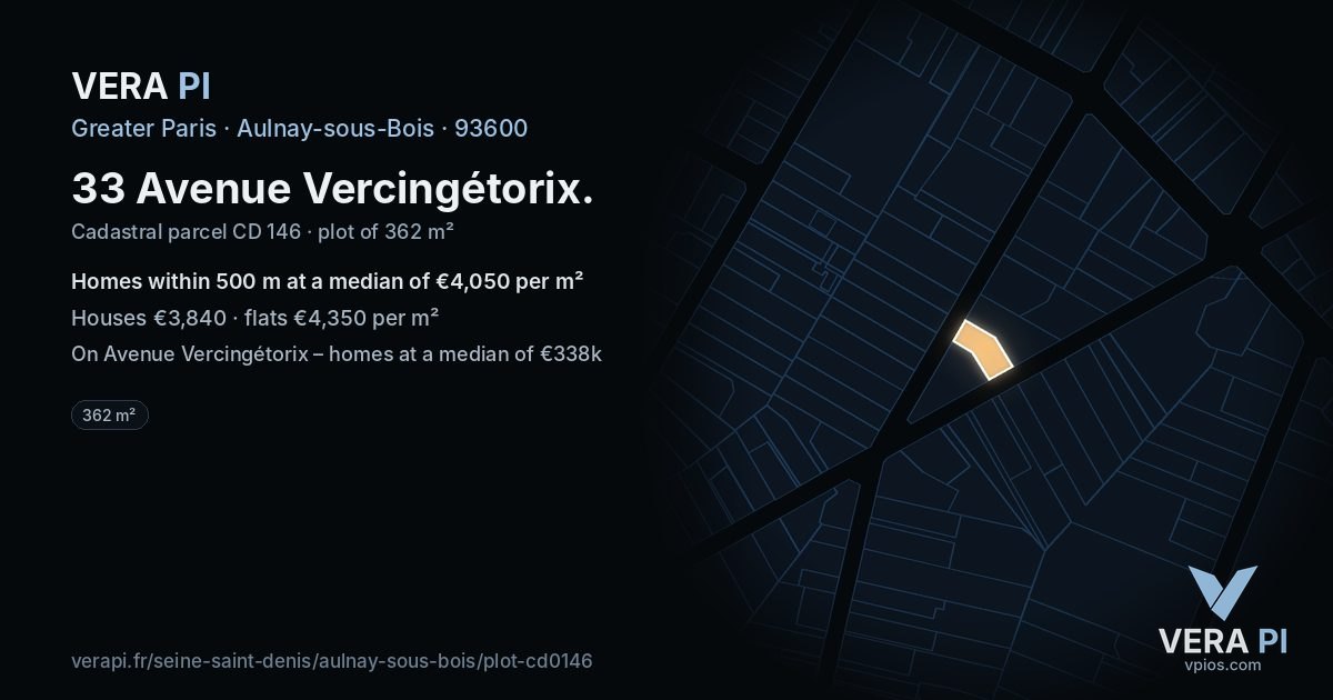 33 Avenue Vercingétorix, Aulnay-sous-Bois at night – the plot lit, the parcels around coloured by the prices near them