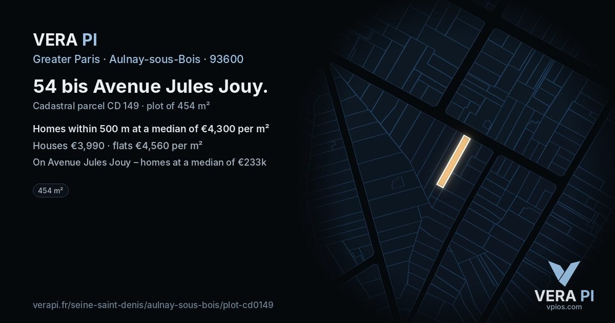 54 bis Avenue Jules Jouy, Aulnay-sous-Bois at night – the plot lit, the parcels around coloured by the prices near them