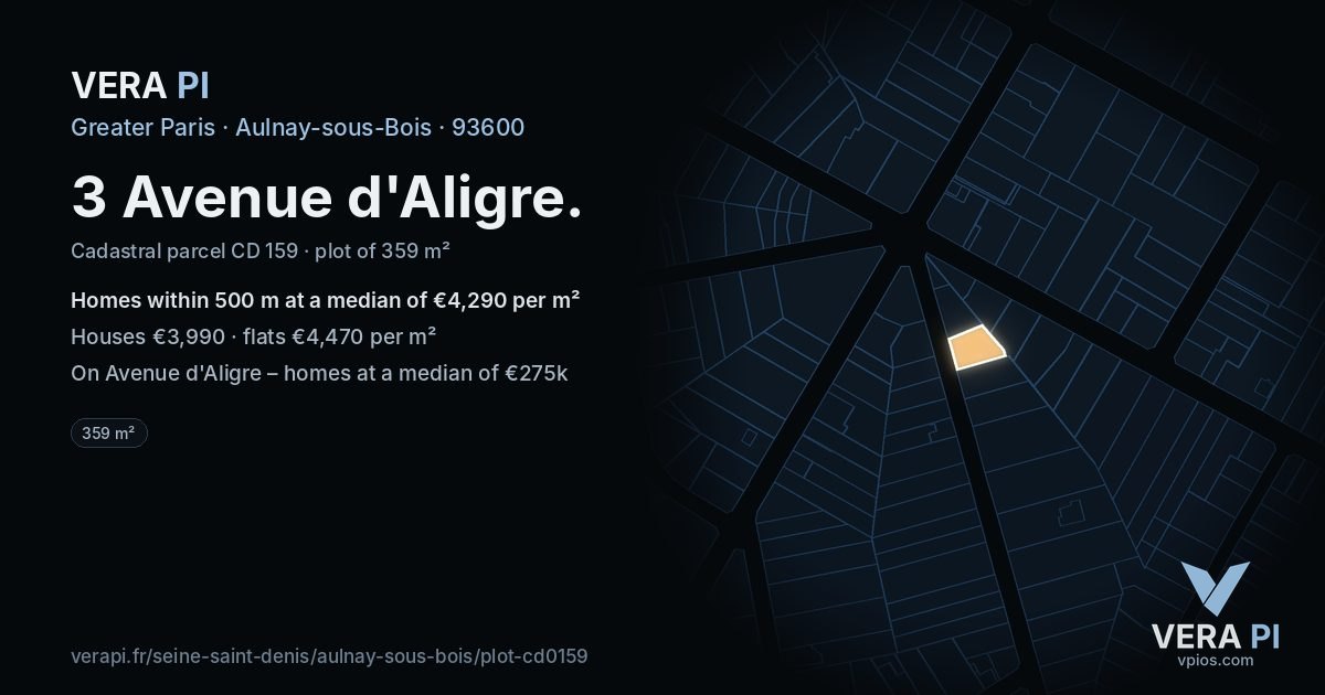 3 Avenue d'Aligre, Aulnay-sous-Bois at night – the plot lit, the parcels around coloured by the prices near them