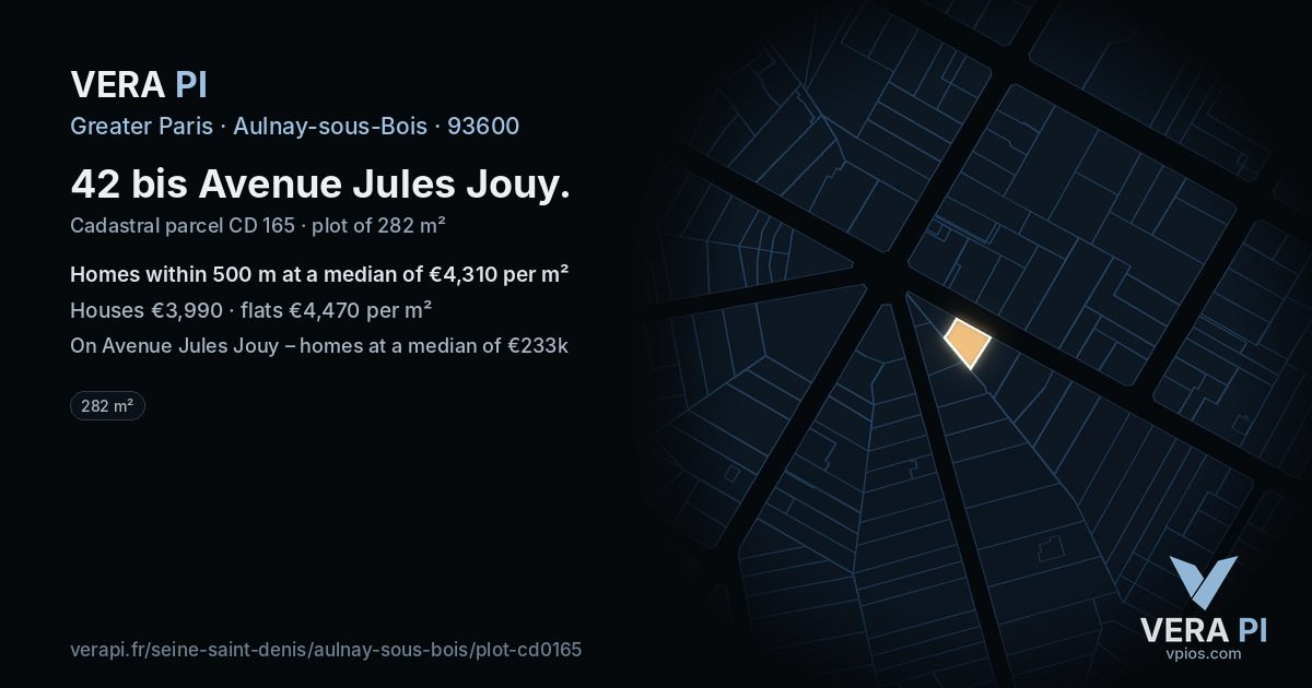 42 bis Avenue Jules Jouy, Aulnay-sous-Bois at night – the plot lit, the parcels around coloured by the prices near them