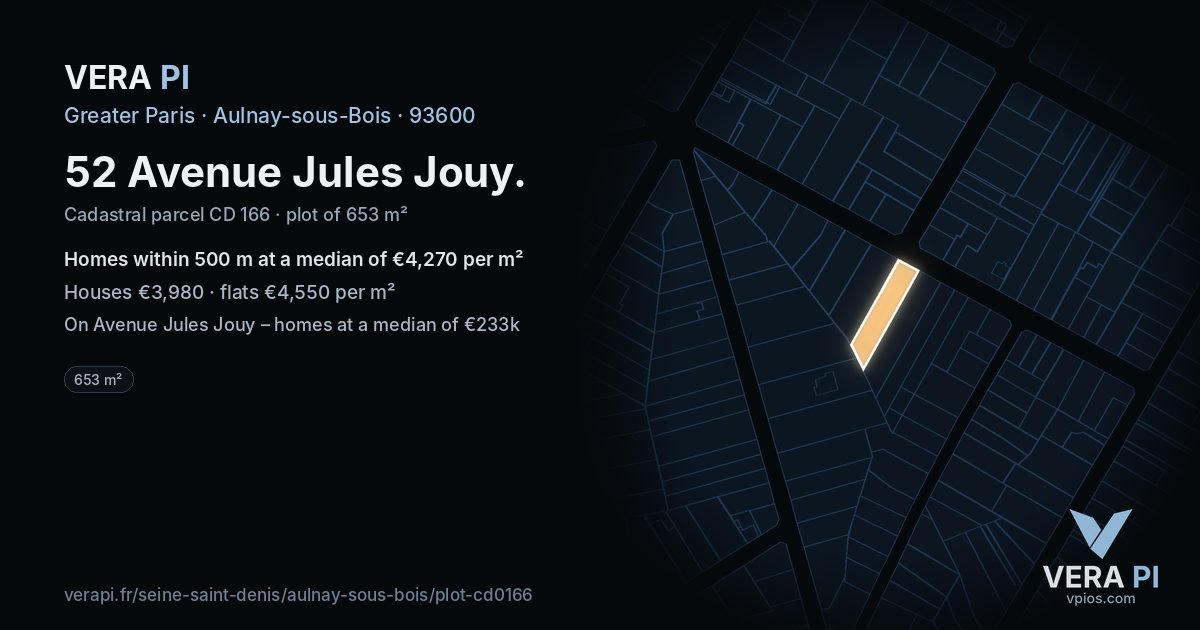 52 Avenue Jules Jouy, Aulnay-sous-Bois at night – the plot lit, the parcels around coloured by the prices near them