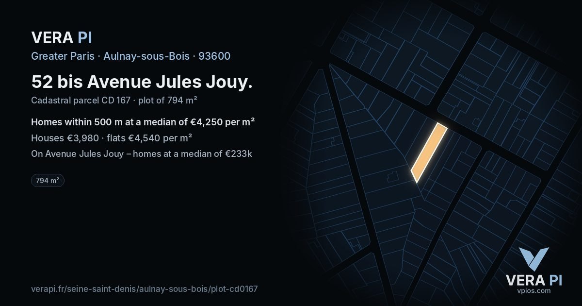 52 bis Avenue Jules Jouy, Aulnay-sous-Bois at night – the plot lit, the parcels around coloured by the prices near them