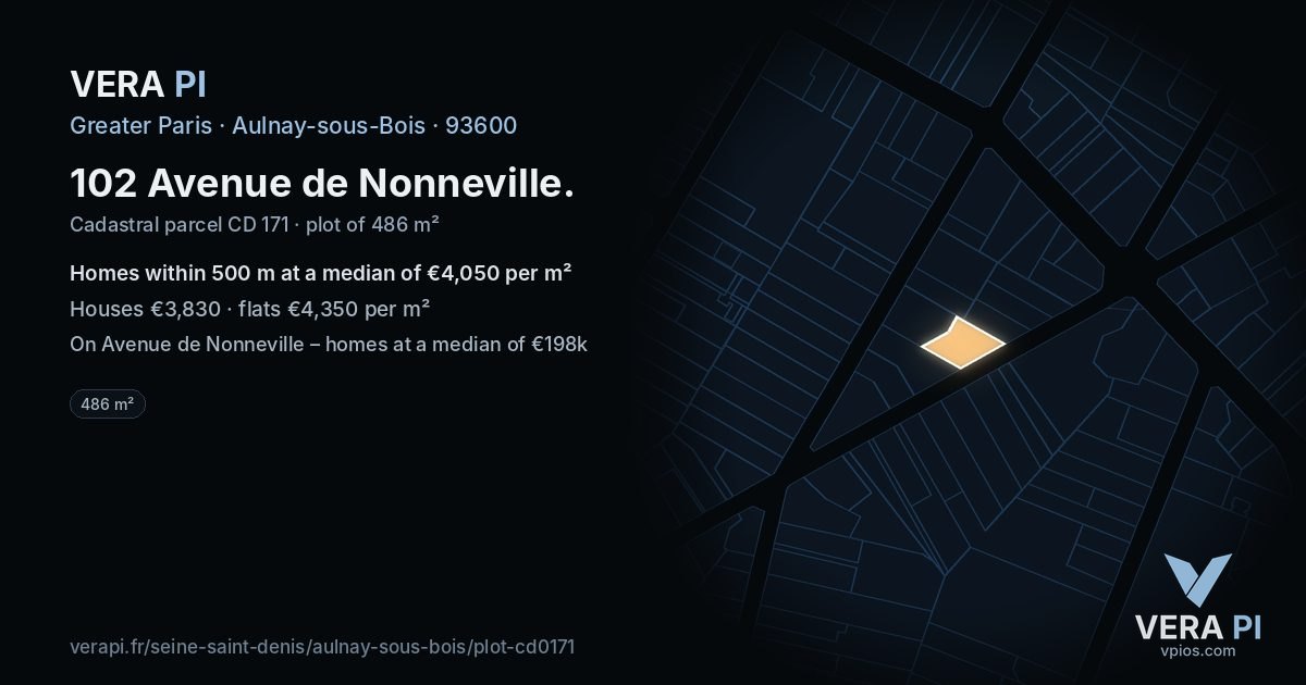 102 Avenue de Nonneville, Aulnay-sous-Bois at night – the plot lit, the parcels around coloured by the prices near them