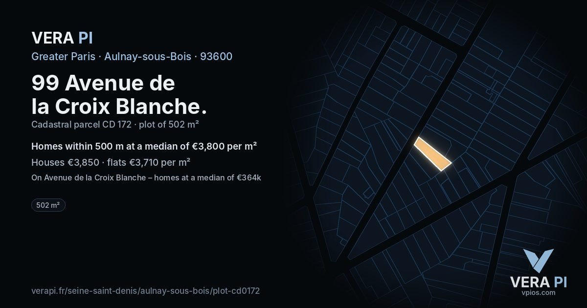 99 Avenue de la Croix Blanche, Aulnay-sous-Bois at night – the plot lit, the parcels around coloured by the prices near them