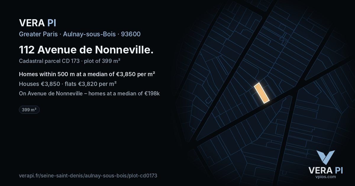 112 Avenue de Nonneville, Aulnay-sous-Bois at night – the plot lit, the parcels around coloured by the prices near them