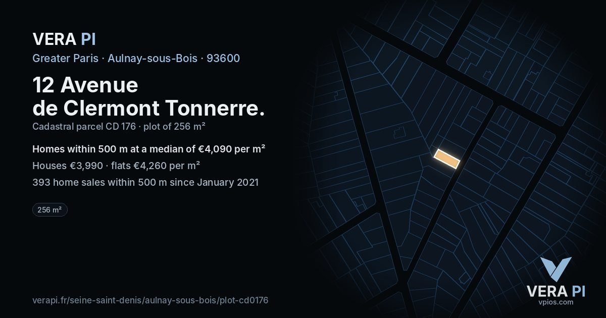 12 Avenue de Clermont Tonnerre, Aulnay-sous-Bois at night – the plot lit, the parcels around coloured by the prices near them
