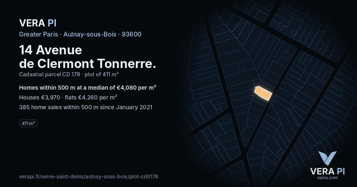 14 Avenue de Clermont Tonnerre, Aulnay-sous-Bois at night – the plot lit, the parcels around coloured by the prices near them
