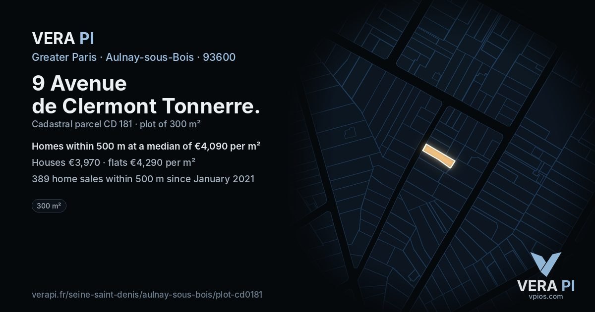 9 Avenue de Clermont Tonnerre, Aulnay-sous-Bois at night – the plot lit, the parcels around coloured by the prices near them