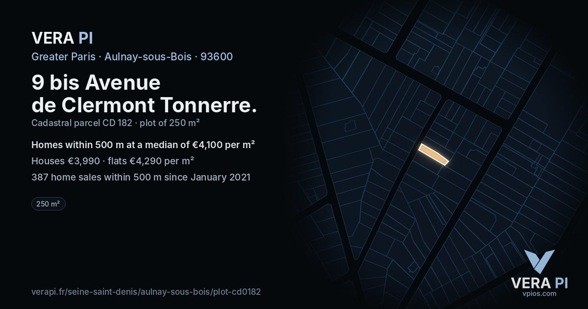 9 bis Avenue de Clermont Tonnerre, Aulnay-sous-Bois at night – the plot lit, the parcels around coloured by the prices near them