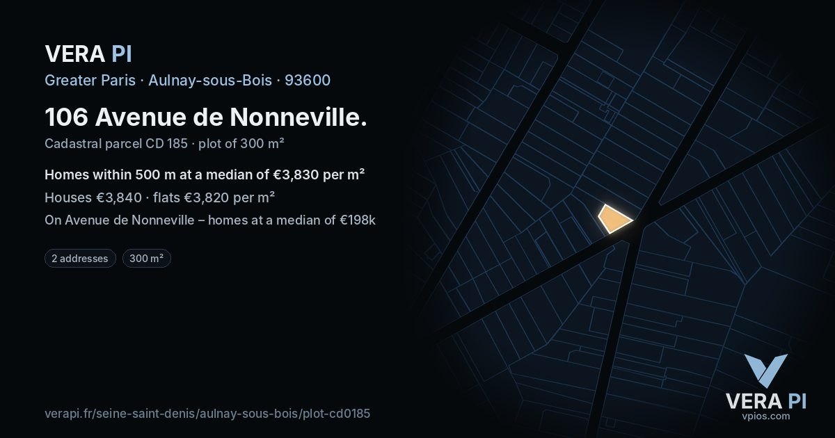 106 Avenue de Nonneville, Aulnay-sous-Bois at night – the plot lit, the parcels around coloured by the prices near them