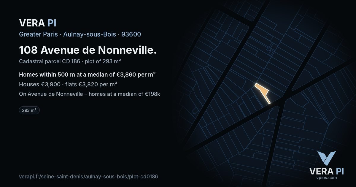 108 Avenue de Nonneville, Aulnay-sous-Bois at night – the plot lit, the parcels around coloured by the prices near them