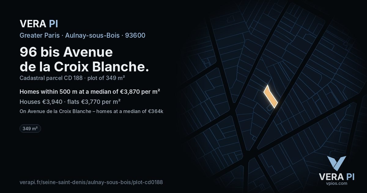 96 bis Avenue de la Croix Blanche, Aulnay-sous-Bois at night – the plot lit, the parcels around coloured by the prices near them