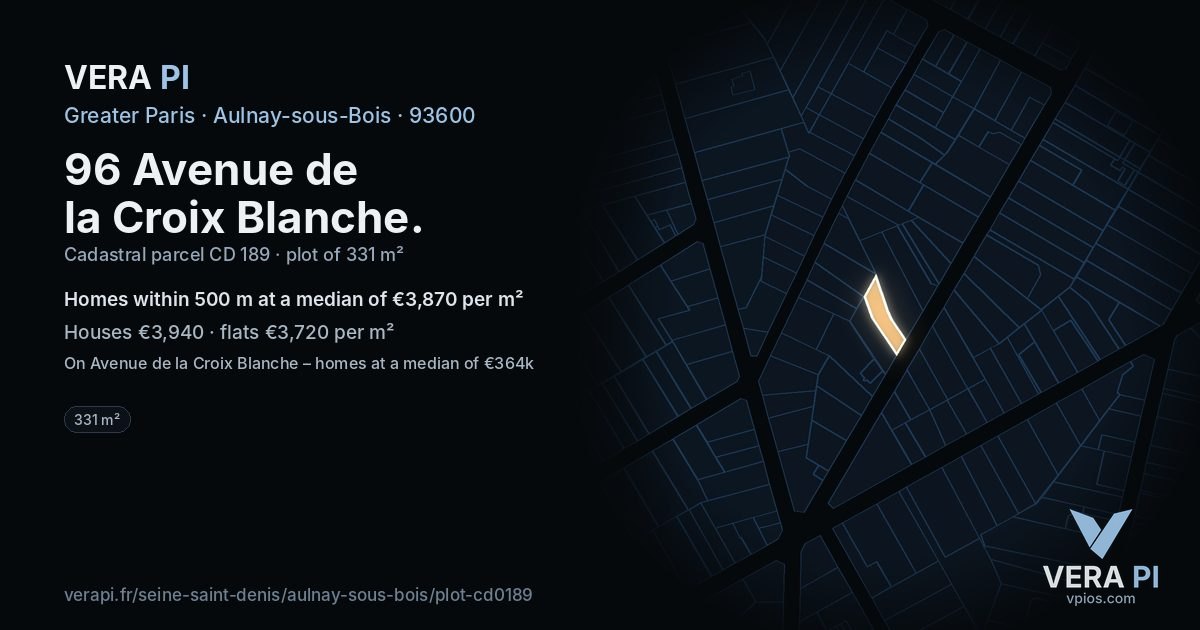 96 Avenue de la Croix Blanche, Aulnay-sous-Bois at night – the plot lit, the parcels around coloured by the prices near them