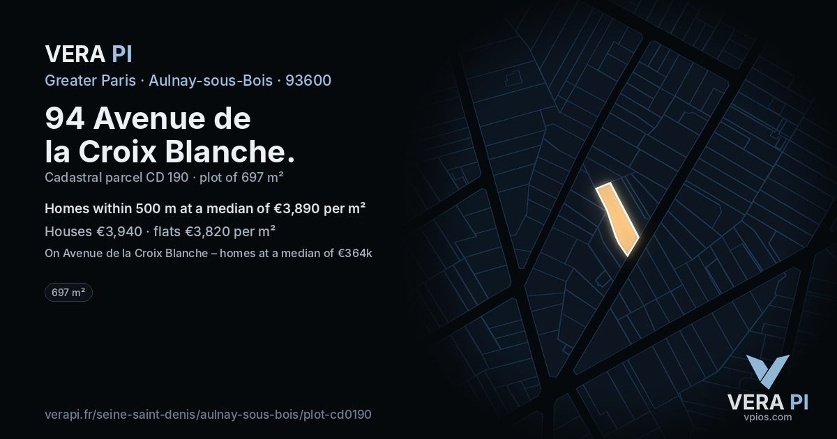 94 Avenue de la Croix Blanche, Aulnay-sous-Bois at night – the plot lit, the parcels around coloured by the prices near them