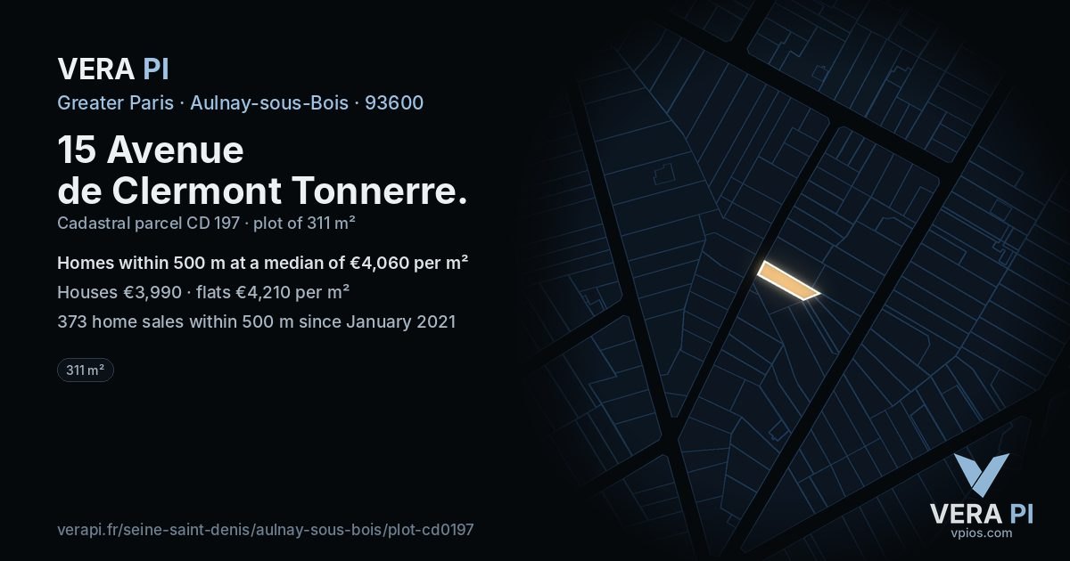 15 Avenue de Clermont Tonnerre, Aulnay-sous-Bois at night – the plot lit, the parcels around coloured by the prices near them
