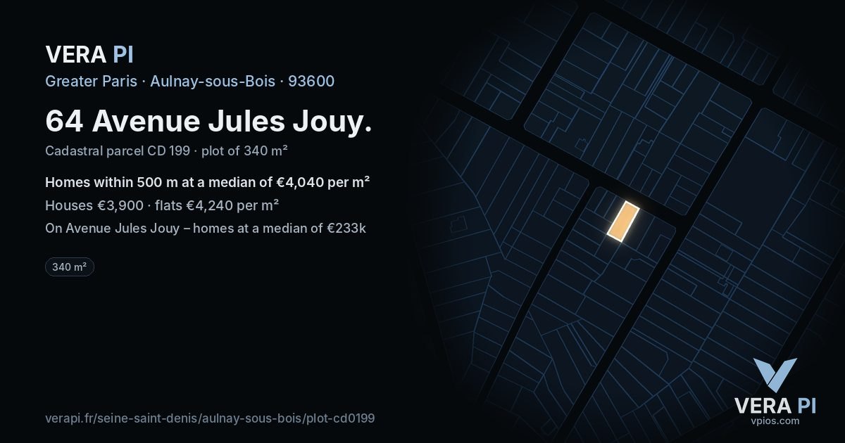 64 Avenue Jules Jouy, Aulnay-sous-Bois at night – the plot lit, the parcels around coloured by the prices near them
