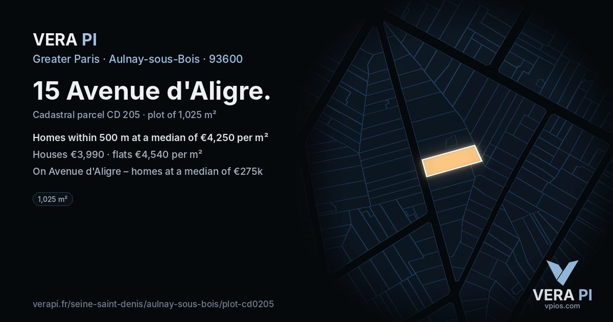 15 Avenue d'Aligre, Aulnay-sous-Bois at night – the plot lit, the parcels around coloured by the prices near them
