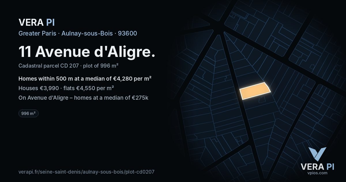 11 Avenue d'Aligre, Aulnay-sous-Bois at night – the plot lit, the parcels around coloured by the prices near them