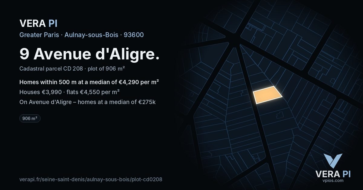 9 Avenue d'Aligre, Aulnay-sous-Bois at night – the plot lit, the parcels around coloured by the prices near them