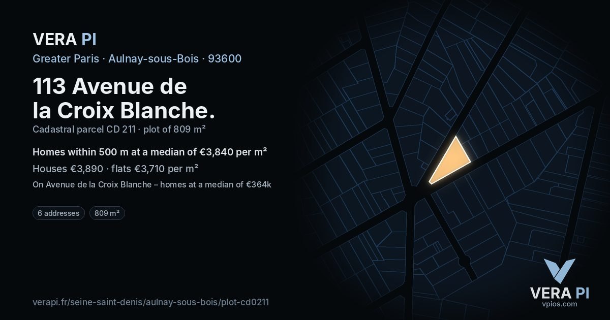 113 Avenue de la Croix Blanche, Aulnay-sous-Bois at night – the plot lit, the parcels around coloured by the prices near them