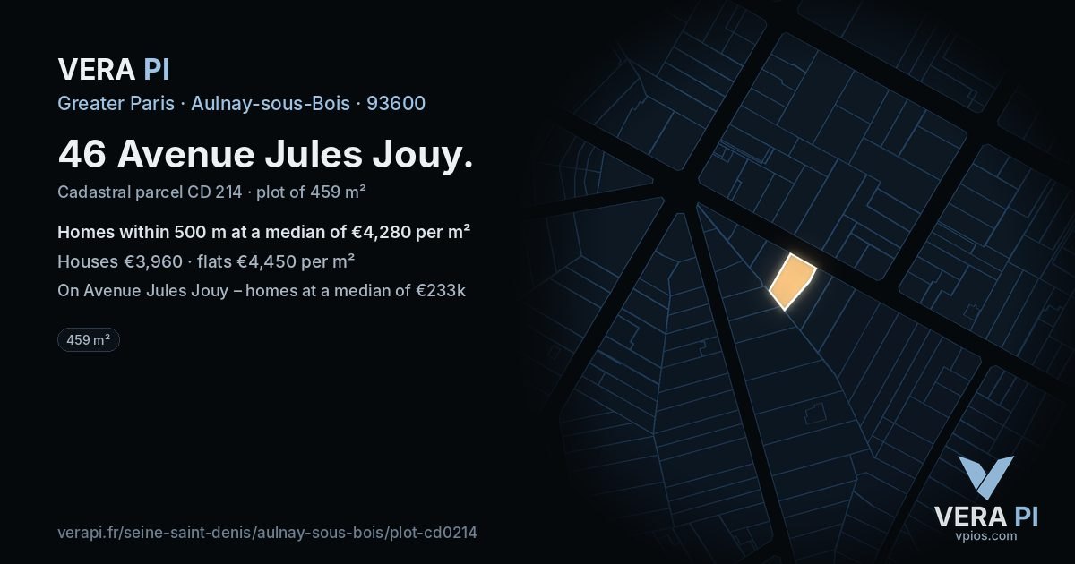 46 Avenue Jules Jouy, Aulnay-sous-Bois at night – the plot lit, the parcels around coloured by the prices near them