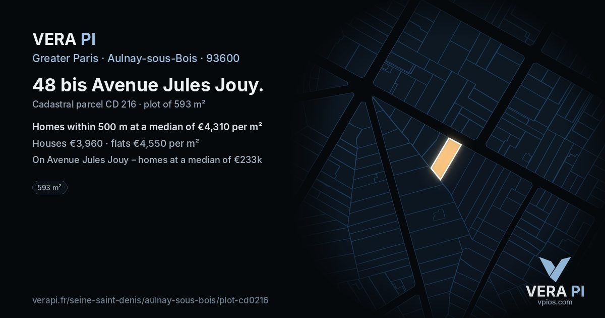 48 bis Avenue Jules Jouy, Aulnay-sous-Bois at night – the plot lit, the parcels around coloured by the prices near them