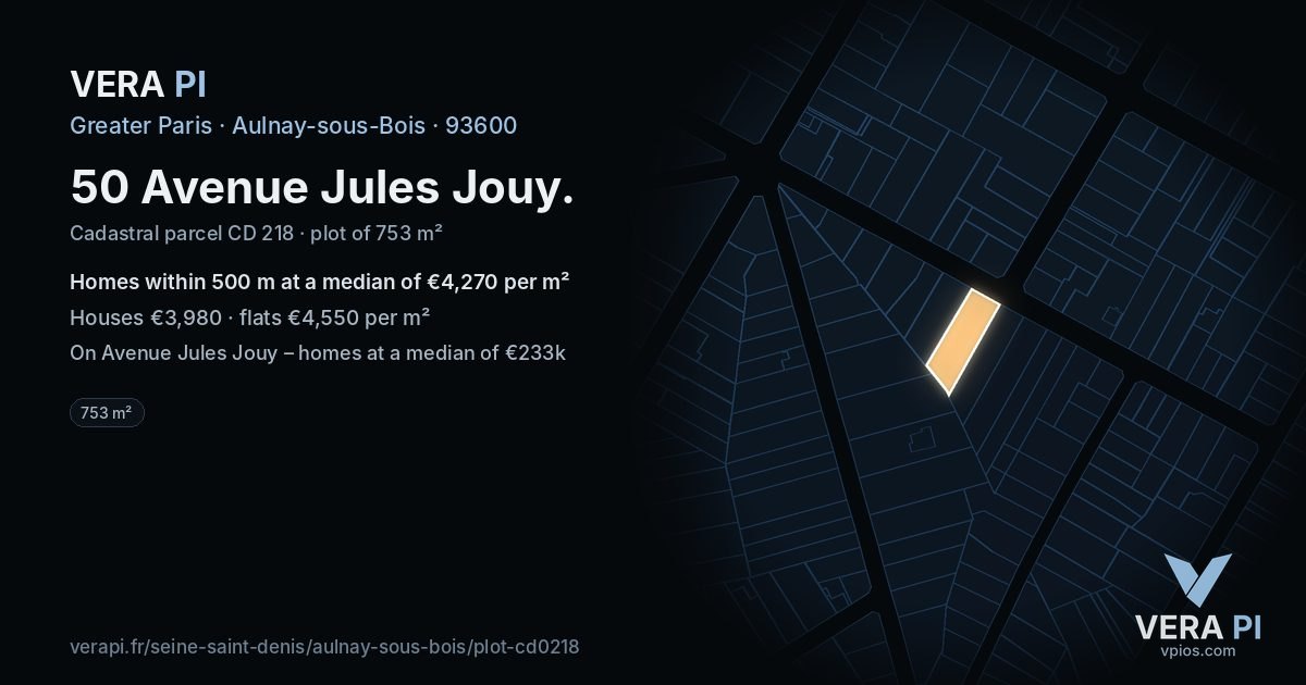 50 Avenue Jules Jouy, Aulnay-sous-Bois at night – the plot lit, the parcels around coloured by the prices near them