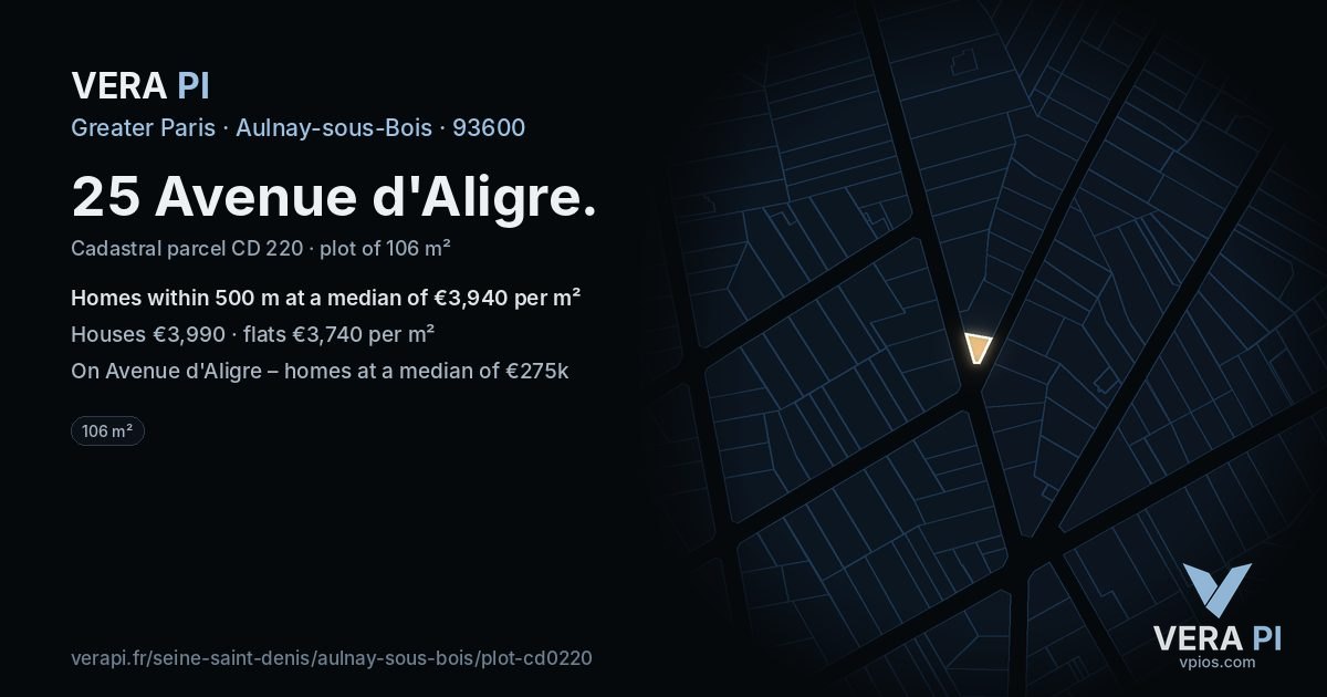 25 Avenue d'Aligre, Aulnay-sous-Bois at night – the plot lit, the parcels around coloured by the prices near them