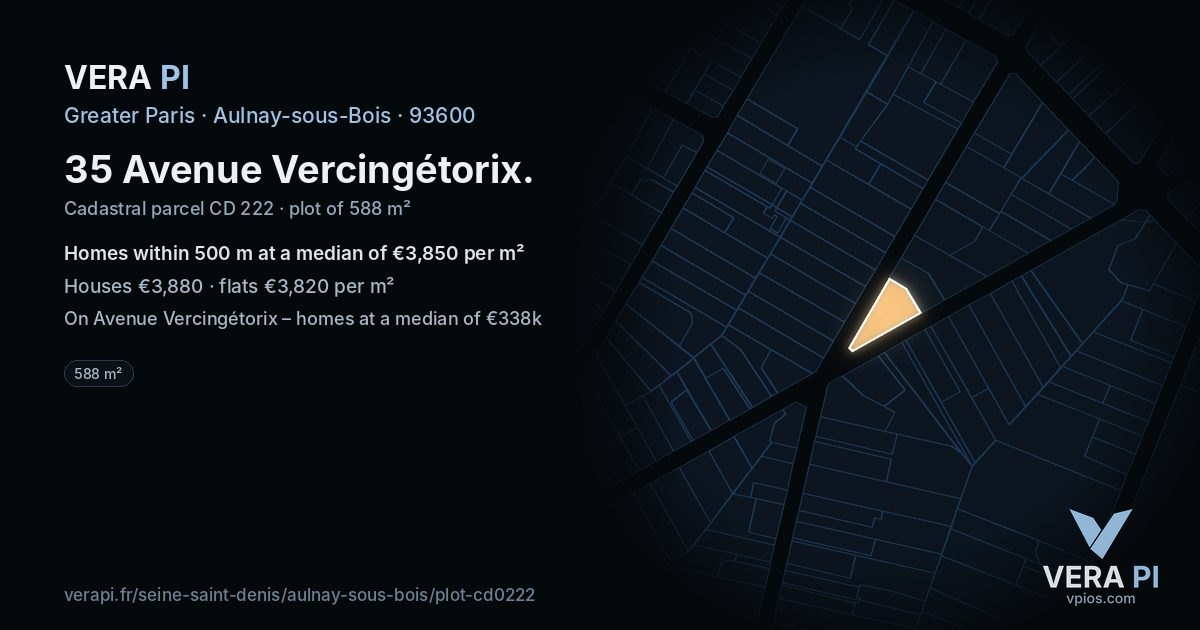 35 Avenue Vercingétorix, Aulnay-sous-Bois at night – the plot lit, the parcels around coloured by the prices near them