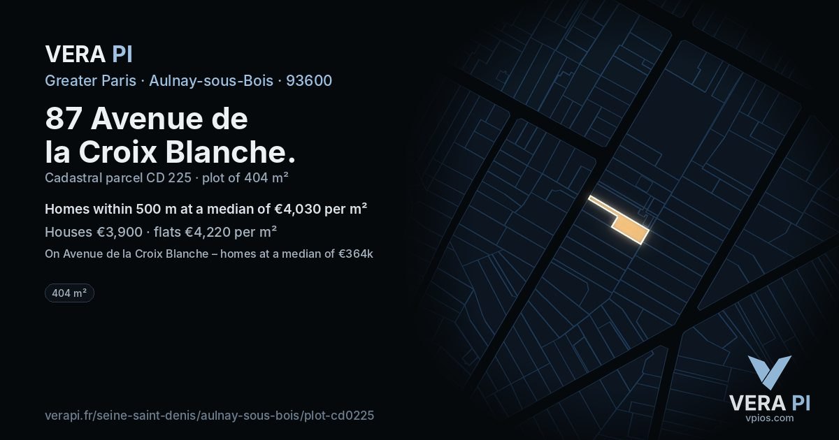 87 Avenue de la Croix Blanche, Aulnay-sous-Bois at night – the plot lit, the parcels around coloured by the prices near them